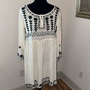 Exist Boho white embroidered rayon dress relaxed lounge casual Sz L‎